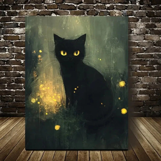 Whimsical Black Cat Contemporary Painting 40x60cm Metal Print Ready to Hang - Bella Home Decor