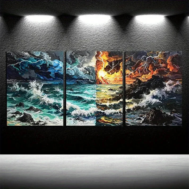 3pcs Ocean Waves Destruction and Rebirth Theme Metal Print Ready to Hang Art - Bella Home Decor
