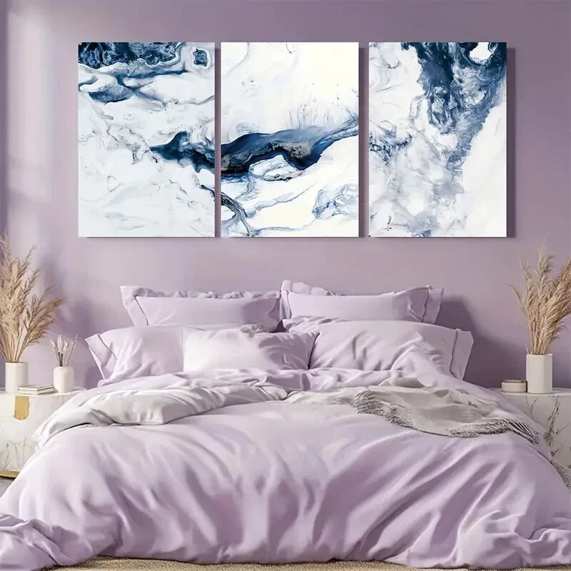 3pcs Vibrant Ocean Navy Blue & White Abstract Metal Print Ready to Hang Art - Bella Home Decor