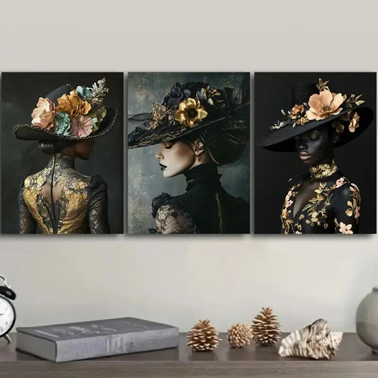 3pcs Floral Hat Girl Painting, Metal Print Ready to Hang Art