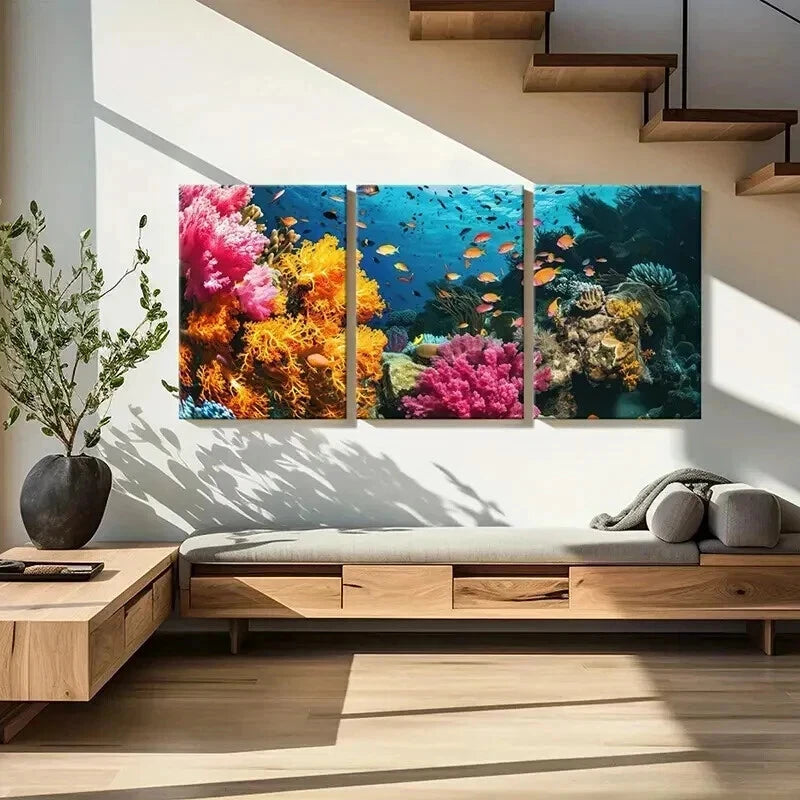3pcs Vibrant Coral Colorful Fish Underwater Life Wall Art Set Canvas Framed 40x60cm - High Quality Print 100% Australian Made Wall Canvas Ready to Hang