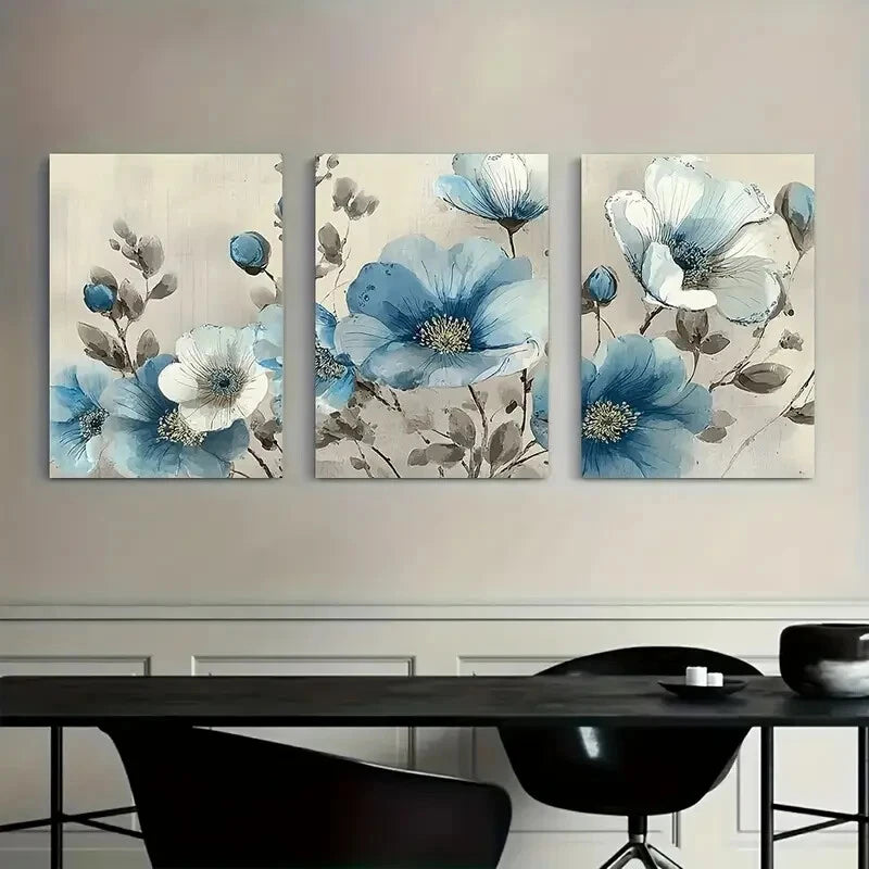 3pcs Light Blue & White Floral Painting Metal Print Ready to Hang Art - Bella Home Decor
