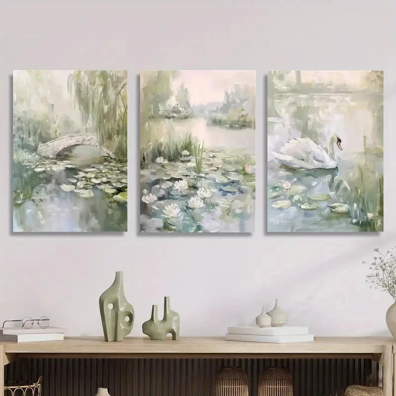 3pcs Depicting Spring Scenes Featuring a Pond Metal Print Ready to Hang Art - Bella Home Decor