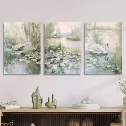 3pcs Depicting Spring Scenes Featuring a Pond Metal Print Ready to Hang Art - Bella Home Decor