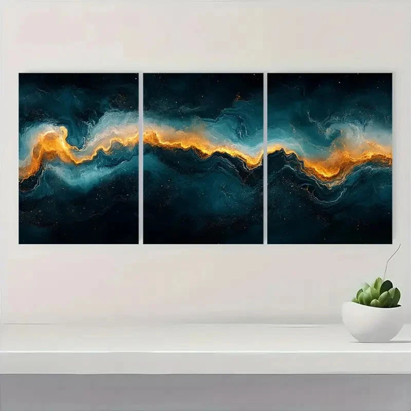 3pcs Dark Green & Golden Swirls Abstract Metal Print Ready to Hang Art - Bella Home Decor
