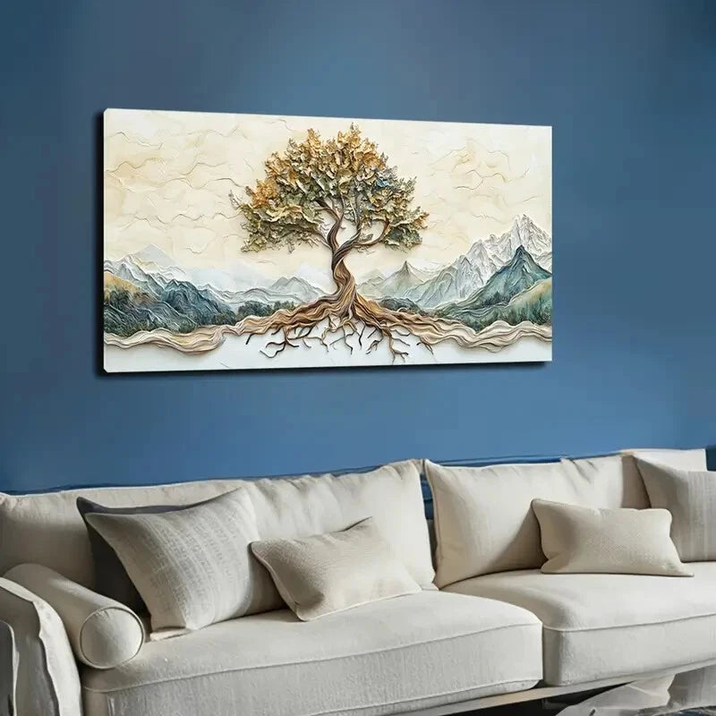 Serene Tree Landscape Yellow Wall Art Canvas Office Home Room Framed 120x60cm - Bella Home Decor
