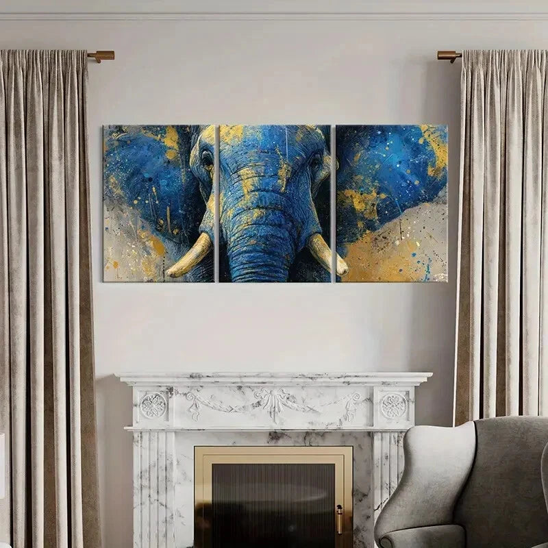 3pcs Abstract Elephant Art Blue Yellow Splash Metal Print Ready to Hang Art - Bella Home Decor