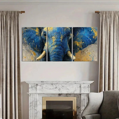 3pcs Abstract Elephant Art Blue Yellow Splash Metal Print Ready to Hang Art - Bella Home Decor