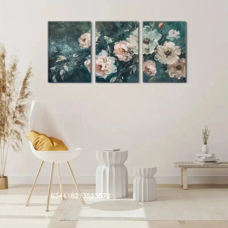 3pcs Dark Blue Floral Art Poster Oil Painting Metal Print Ready to Hang Art - Bella Home Decor