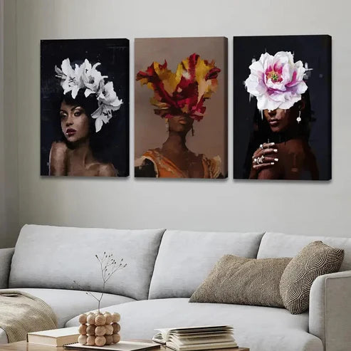 3pcs Fashion Portraits Floral Headpieces Black Wall Art Canvas Unframed - High Quality Print 100% Australian Made Wall Canvas