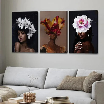 3pcs Fashion Portraits Floral Headpieces Black Wall Art Canvas Unframed - High Quality Print 100% Australian Made Wall Canvas