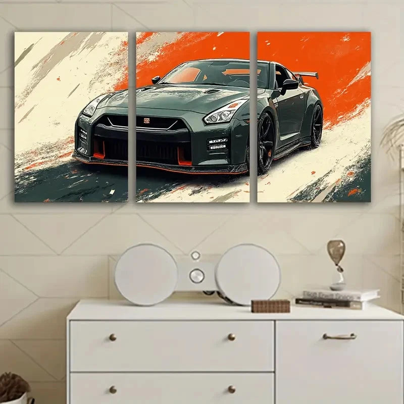 3pcs Green Nissan GT-R Car Abstract Wall Art Set Canvas Framed 40x60cm - High Quality Print 100% Australian Made Wall Canvas Ready to Hang
