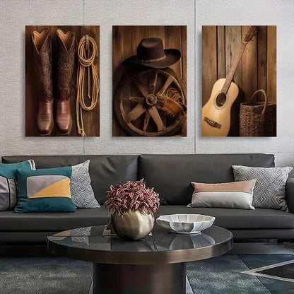 3pcs Cowboy Hat & Boots, Frameless  Wall Art Set Canvas Framed 60x90cm - High Quality Print 100% Australian Made Wall Canvas Ready to Hang - Bella Home Decor