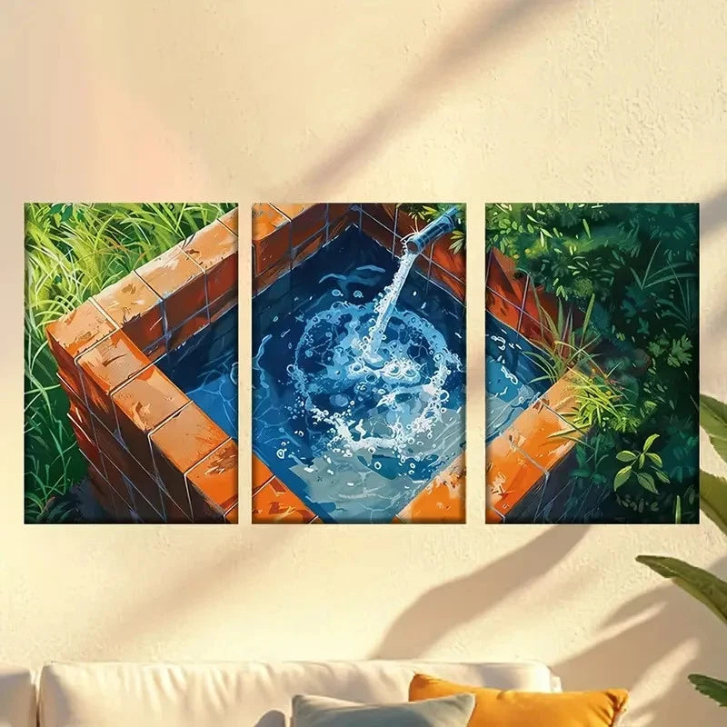 3pcs Retro Pond Blue Water with Sunlight Wall Art Set Canvas Framed 50x70cm - High Quality Print 100% Australian Made Wall Canvas Ready to Hang