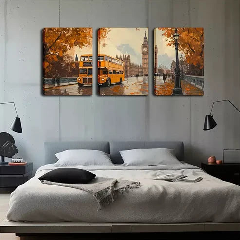 3pcs Cityscape with Yellow Double-Decker Buses Wall Art Set Canvas Unframed - High Quality Print 100% Australian Made Wall Canvas - Bella Home Decor