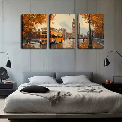3pcs Cityscape with Yellow Double-Decker Buses Wall Art Set Canvas Unframed - High Quality Print 100% Australian Made Wall Canvas - Bella Home Decor