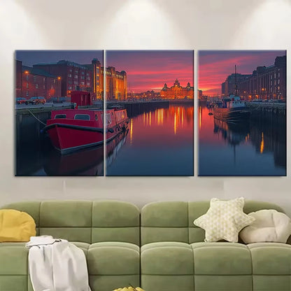 3pcs Cityscape with Red Boat & Docks Metal Print Ready to Hang Art - Bella Home Decor