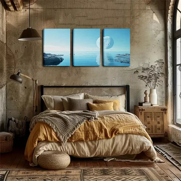 3pcs The Moon On The Water Wall Art Set Canvas Framed 60x90cm - High Quality Print 100% Australian Made Wall Canvas Ready to Hang - Bella Home Decor