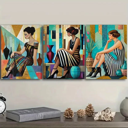 3pcs R etro fashion girl Wall Art Set Canvas Unframed - High Quality Print 100% Australian Made Wall Canvas