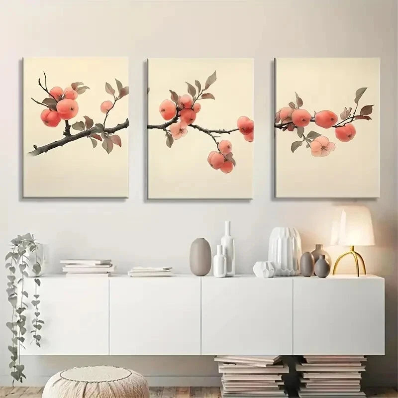 3pcs Branch With Delicate Fruit and Leaves Metal Print Ready to Hang Art - Bella Home Decor