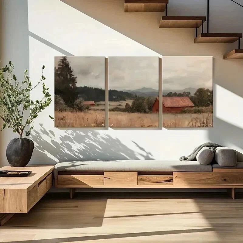 3pcs Rustic Barn Rolling Hills Serene Landscape Wall Art Set Canvas Framed 60x90cm - High Quality Print 100% Australian Made Wall Canvas Ready to Hang - Bella Home Decor