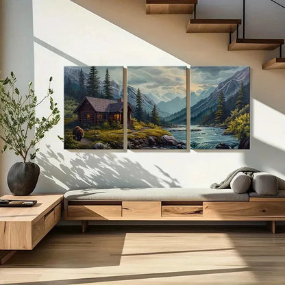 3pcs Rustic Mountain Cabin Bear & River Landscape Metal Print Ready to Hang Art - Bella Home Decor