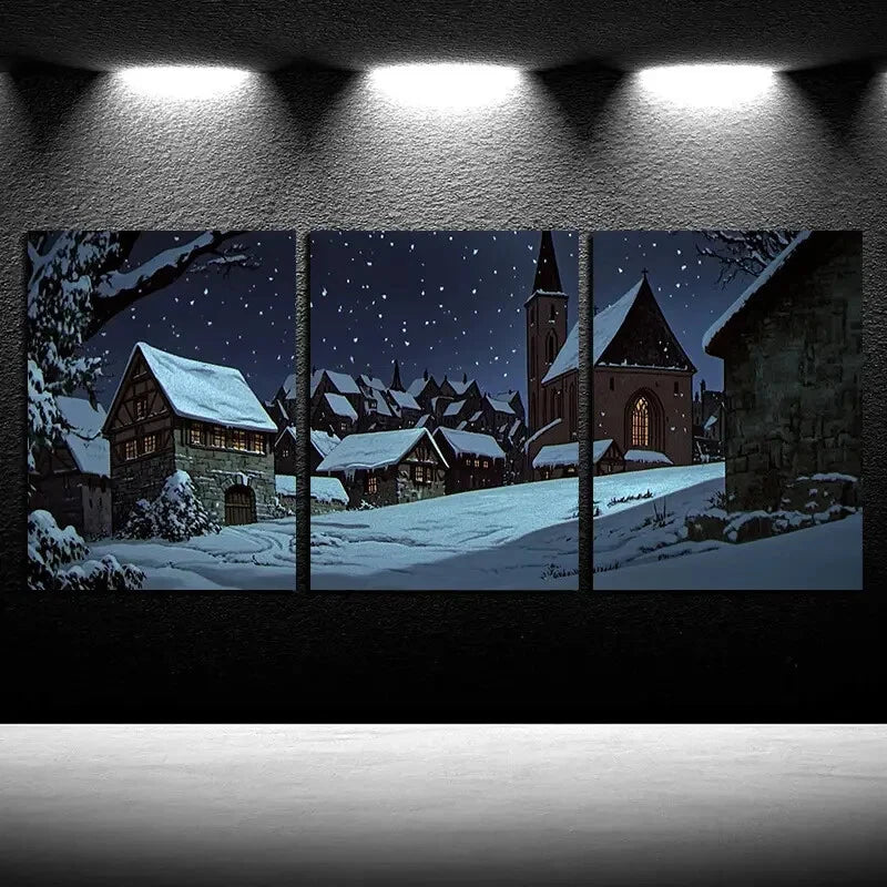 3pcs Winter Village Snowy Landscape Scene Metal Print Ready to Hang Art - Bella Home Decor