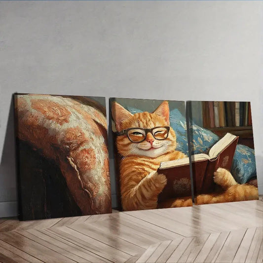 3pcs A cat reading on the couch Wall Art Set Canvas Framed 40x60cm - High Quality Print 100% Australian Made Wall Canvas Ready to Hang