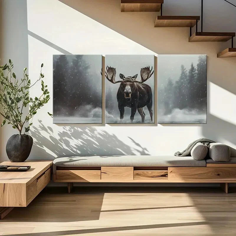 3pcs Winter Moose Art Snowy Forest Scene Metal Print Ready to Hang Art - Bella Home Decor