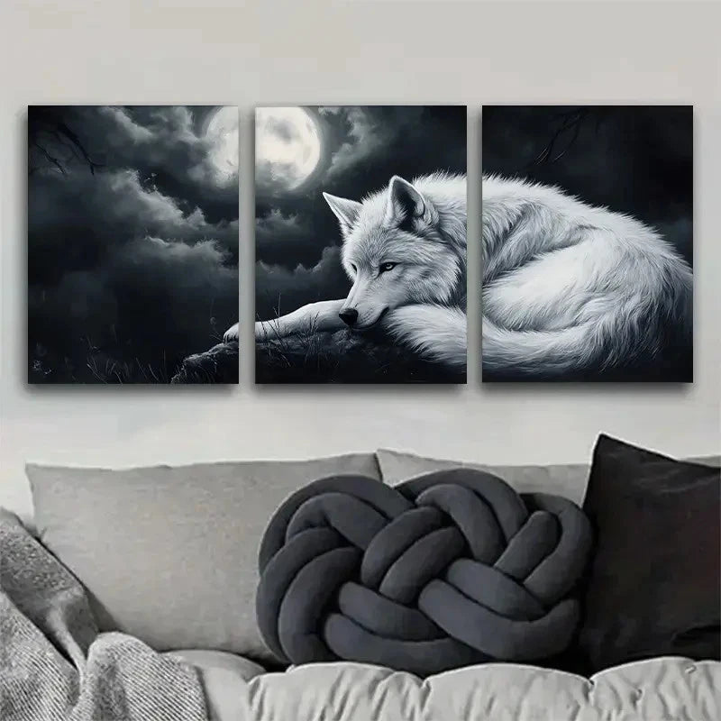 3pcs Wolf Painting with Full Moon & Stormy Metal Print Ready to Hang Art