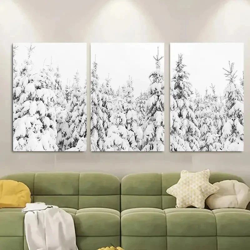 3pcs Serene Forest Scene with Snow-Covered Trees Metal Print Ready to Hang Art