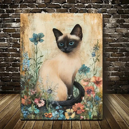 Cute Siamese Cat & Floral Design Painting 40x60cm Metal Print Ready to Hang - Bella Home Decor