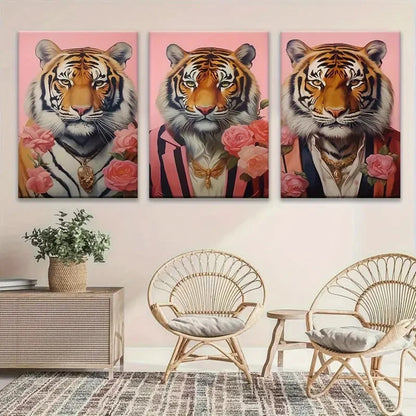 3pcs Vibrant Tiger Stylish Pink Roses Metal Print Ready to Hang Art - Bella Home Decor