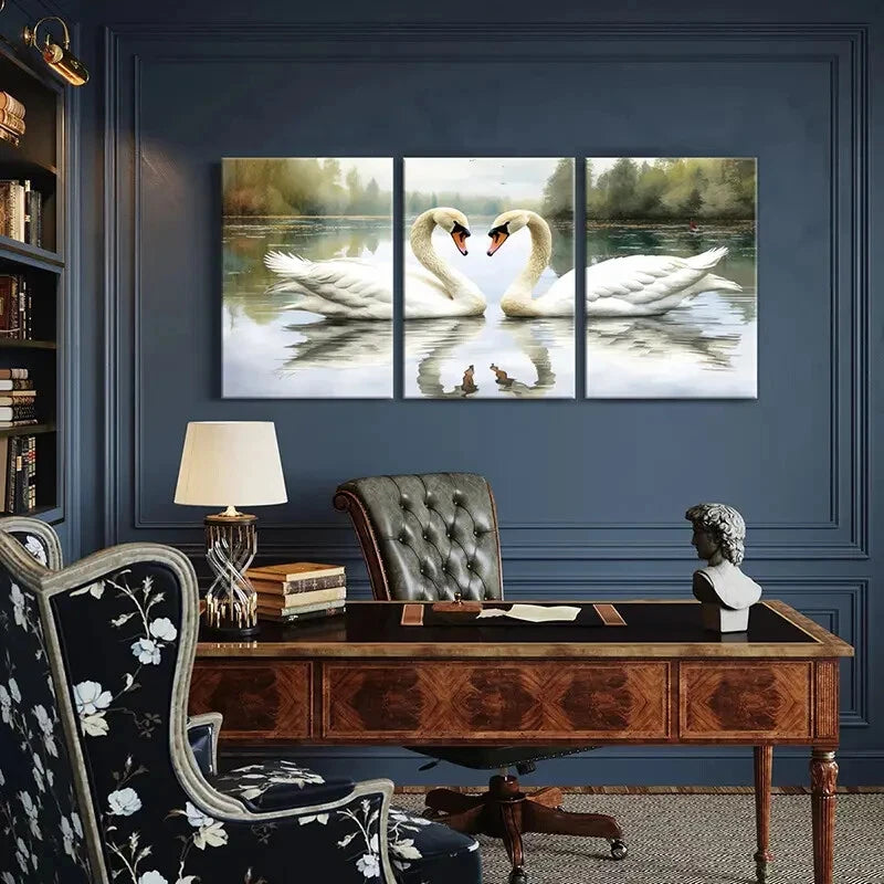 3pcs Elegant Swans Heart Shape Reflection Lake Metal Print Ready to Hang Art - Bella Home Decor