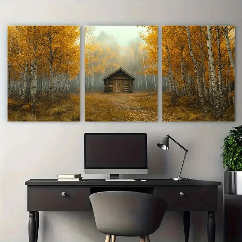 3pcs Minimalist Autumn Forest Scene with Golden Metal Print Ready to Hang Art