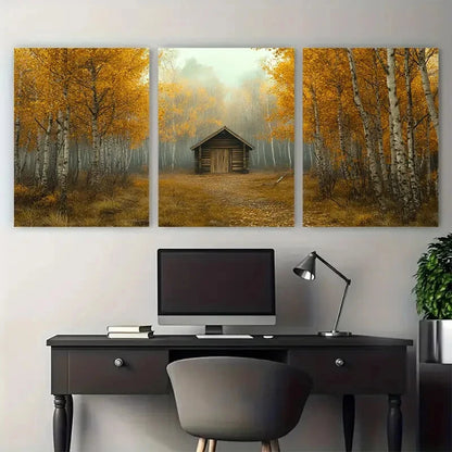 3pcs Minimalist Autumn Forest Scene with Golden Metal Print Ready to Hang Art