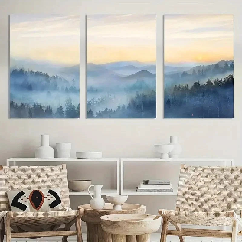 3pcs Sunrise Misty Forest Print Paintings Metal Print Ready to Hang Art - Bella Home Decor