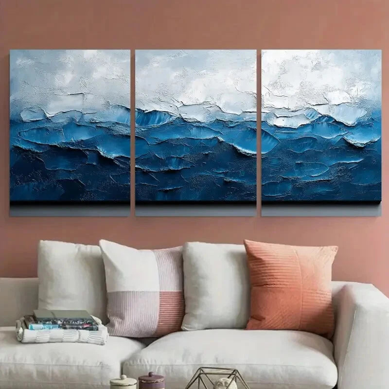 3pcs Abstract Grey Blue Modern Design Metal Print Ready to Hang Art - Bella Home Decor
