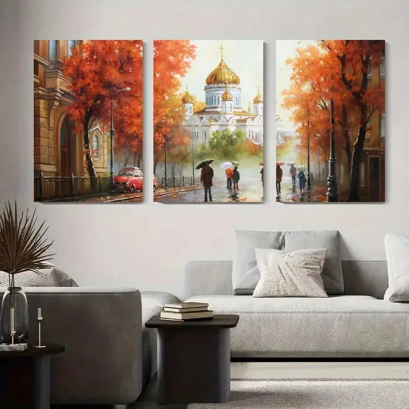 3pcs European Architecture Painting with Golden Metal Print Ready to Hang Art - Bella Home Decor