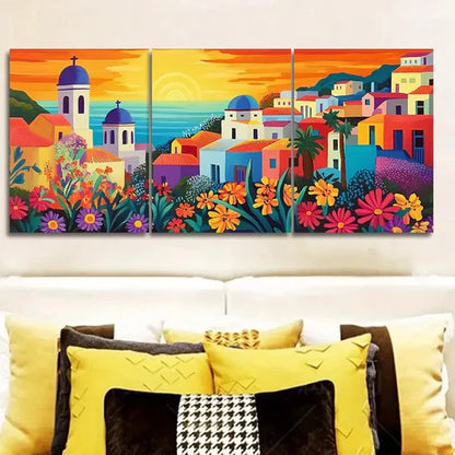 3pcs Greek island style town Wall Art Set Canvas Unframed - High Quality Print 100% Australian Made Wall Canvas