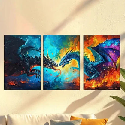 3pcs Interesting Dragon Battle Wall Art Canvas Unframed – High Quality Print 100% Australian Made Wall Canvas