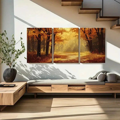 3pcs Autumn Forest Pathway Warm Sunlight Metal Print Ready to Hang Art - Bella Home Decor