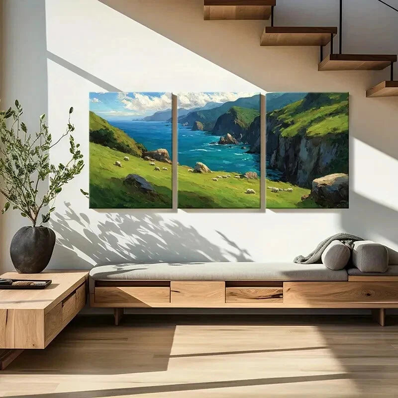 3pcs Landscape Art Coastal View Green Hills Metal Print Ready to Hang Art - Bella Home Decor
