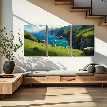 3pcs Landscape Art Coastal View Green Hills Metal Print Ready to Hang Art - Bella Home Decor