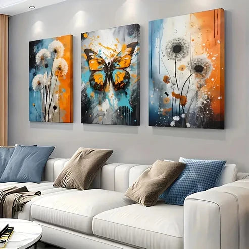 3pcs Scandinavian Inspired Butterfly Blue Floral Wall Art Canvas Unframed - High Quality Print 100% Australian Made Wall Canvas