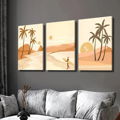3pcs Palm Trees at Sunset Surfer on the Shore Wall Art Set Canvas Unframed - High Quality Print 100% Australian Made Wall Canvas