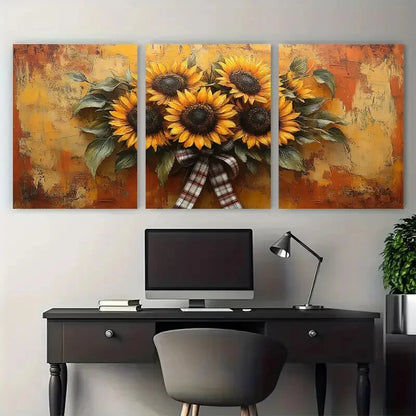3pcs Floral Sunflower Bouquet Plaid Ribbon Metal Print Ready to Hang Art - Bella Home Decor