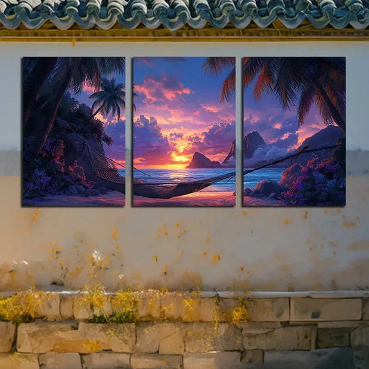 3pcs Ocean View Hammock Sunset Landscape Metal Print Ready to Hang Art
