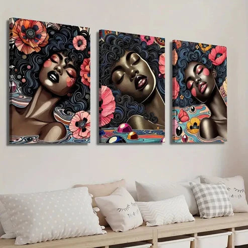 3pcs Vibrant Black Woman with Floral Headpieces Wall Art Set Canvas Unframed - High Quality Print 100% Australian Made Wall Canvas