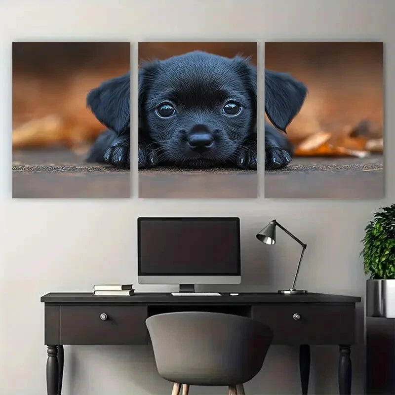 3pcs Sad Black Puppy Dog Illustration Metal Print Ready to Hang Art - Bella Home Decor